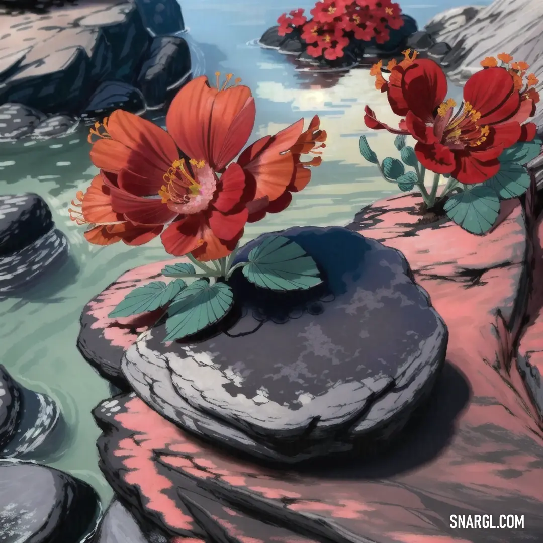 Painting of flowers on a rock near a river with rocks and water in the background