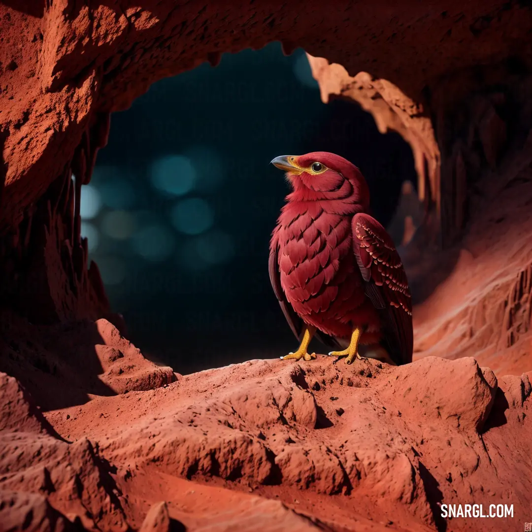 Red bird on a rock in a cave with a blue light in the background and a black spot in the middle