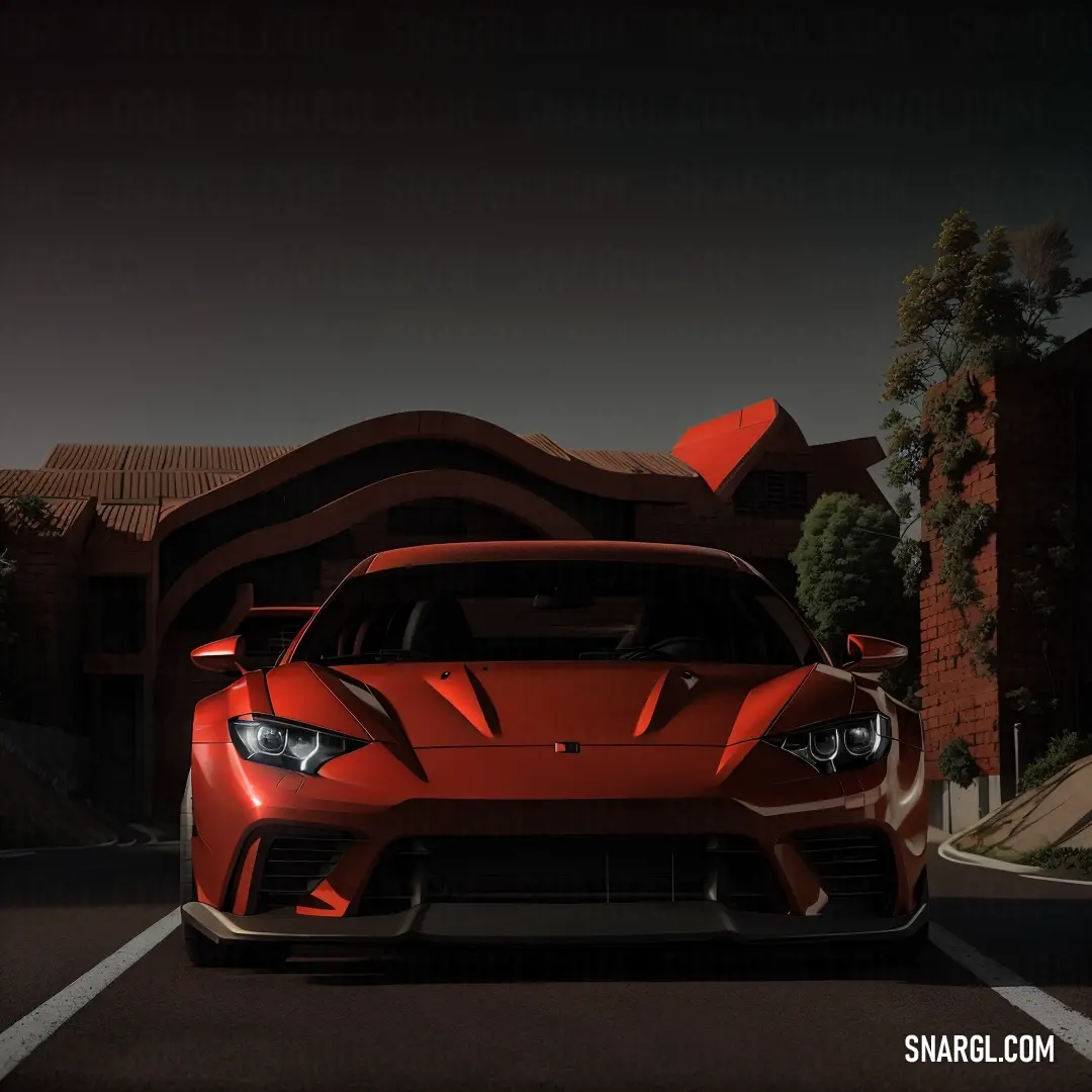 Red sports car parked in front of a house in the dark night time. Example of RGB 175,64,53 color.