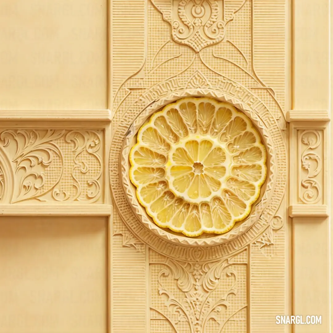 Lemon slice is cut in half on a wall decoration with a circular pattern around it and a decorative panel