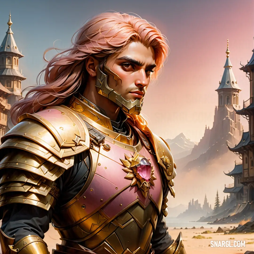 Man in armor standing in front of a castle. Color RGB 243,229,171.