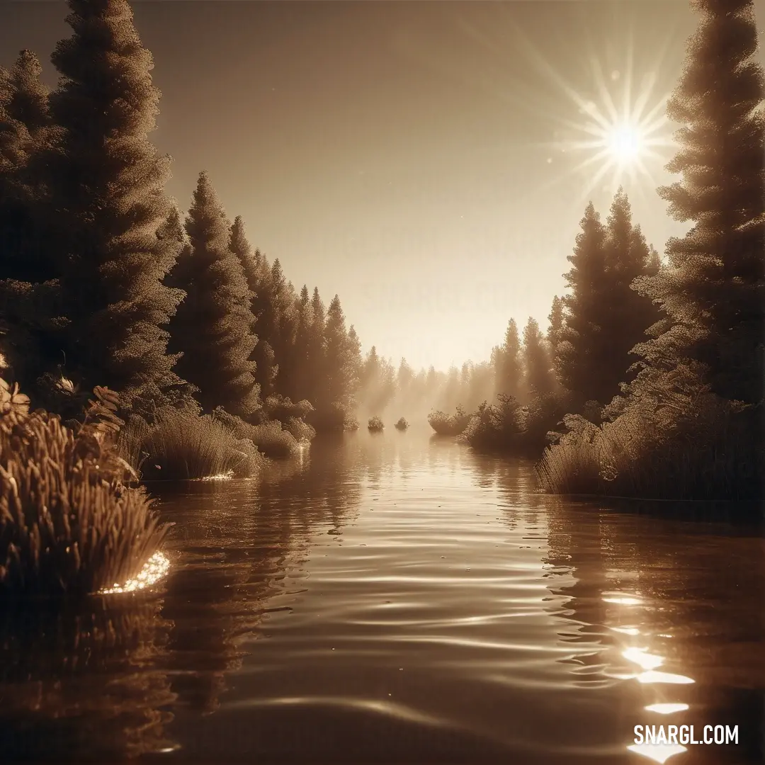 River with trees and a sun shining over it and a boat in the water on the side of the river. Color RGB 243,229,171.