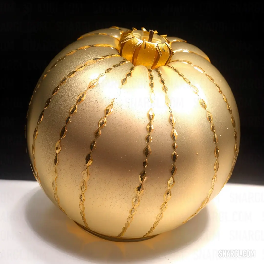 Shiny gold ball with a knoted edge on a white surface with a black background and a shadow