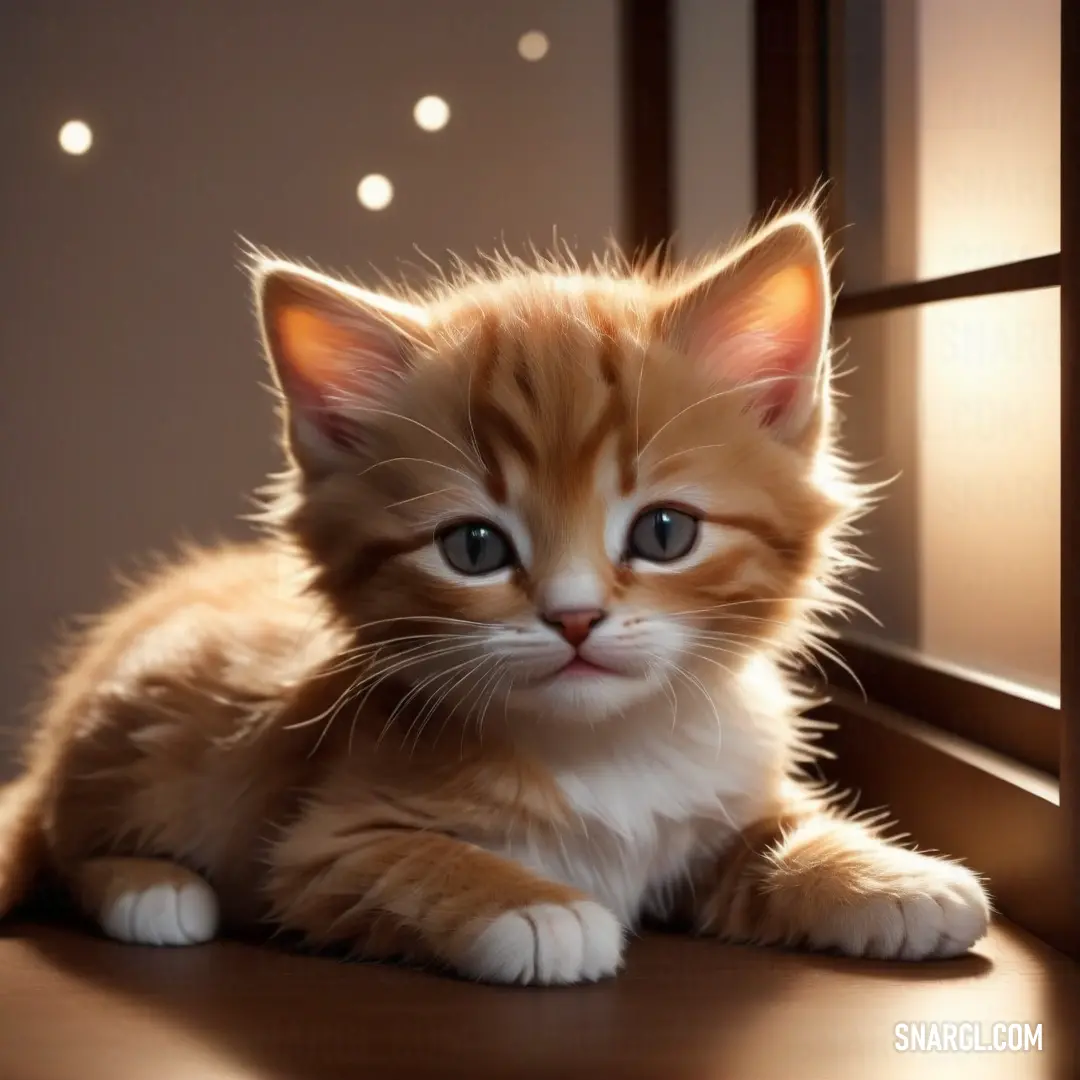Small kitten on a wooden floor next to a window with a light on it's side. Example of RGB 243,229,171 color.