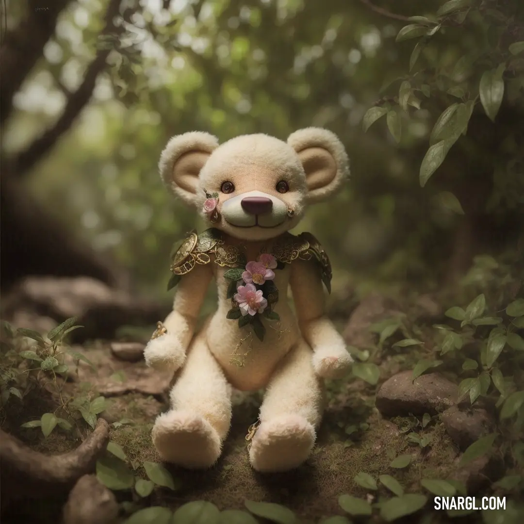Medium champagne color. Teddy bear with a flower on its chest in the woods with leaves and flowers around it's neck