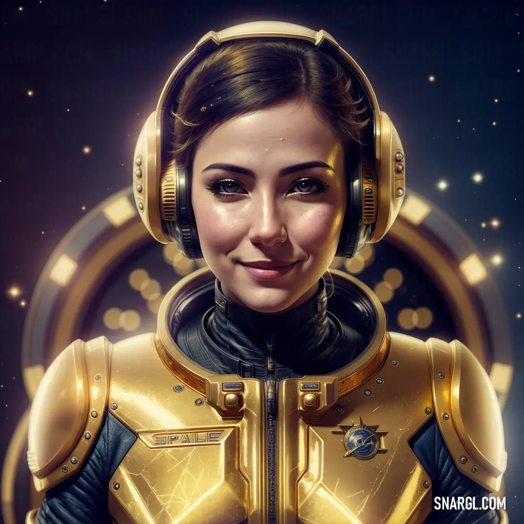 Woman in a gold suit with headphones on her head and a space background with stars and circles