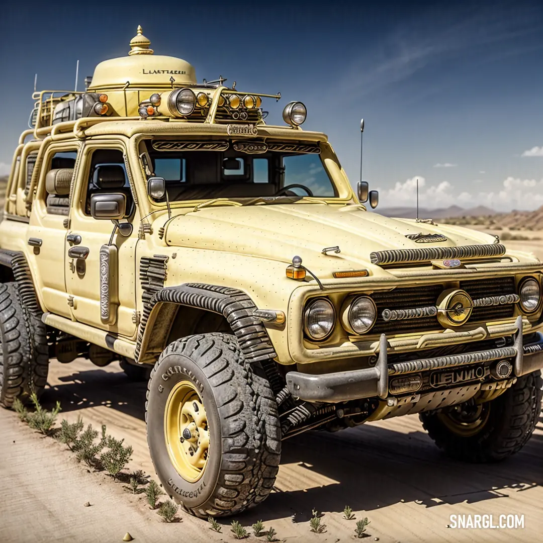 Yellow hummer truck with a yellow top on a desert road with a sky background and a few clouds. Example of #F3E5AB color.