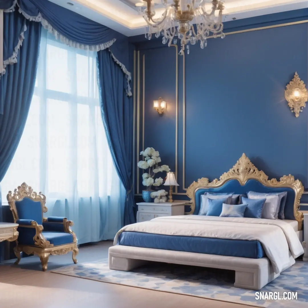 Bedroom with a blue wall and a chandelier hanging from the ceiling and a bed with a blue and white bedspread. Example of CMYK 98,47,0,41 color.