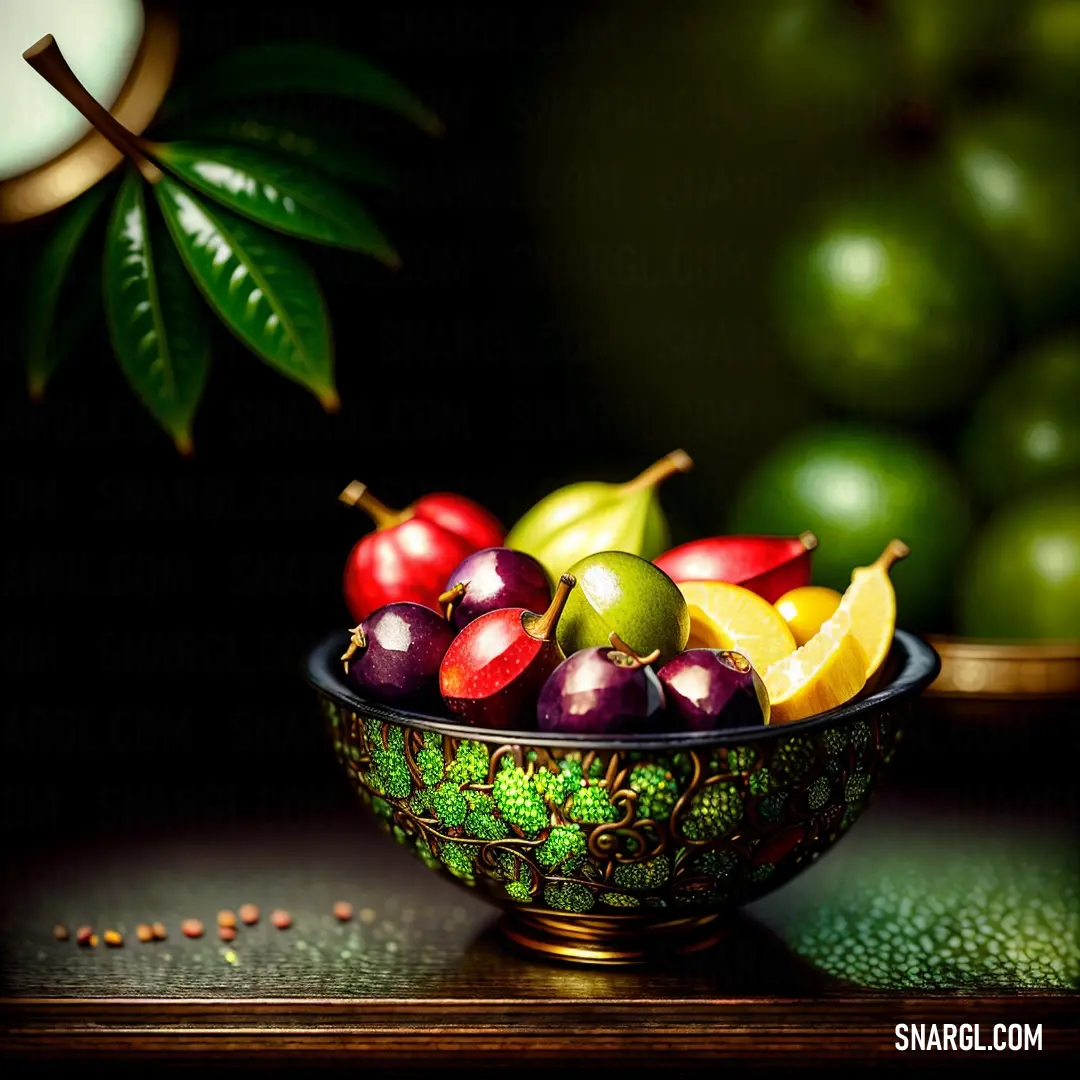 Bowl of fruit is on a table with other fruit in the background and a green leafy tree