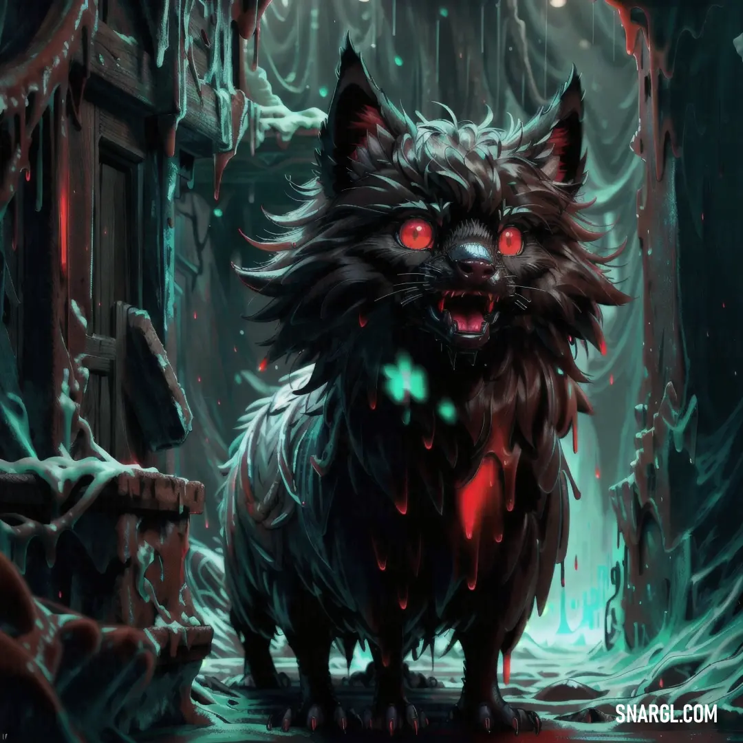 Furry cat with glowing eyes standing in a snowy forest with a door and a glowing light behind it