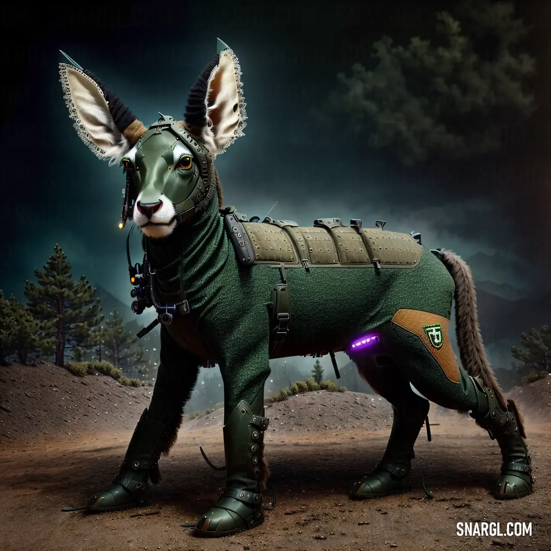 Green animal with horns and a green jacket on it's back and a purple light on its chest
