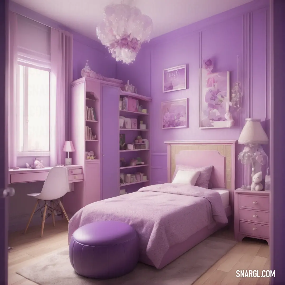 Bedroom with a purple wall and a white bed and a purple ottoman and a purple chair. Color #DDA0DD.