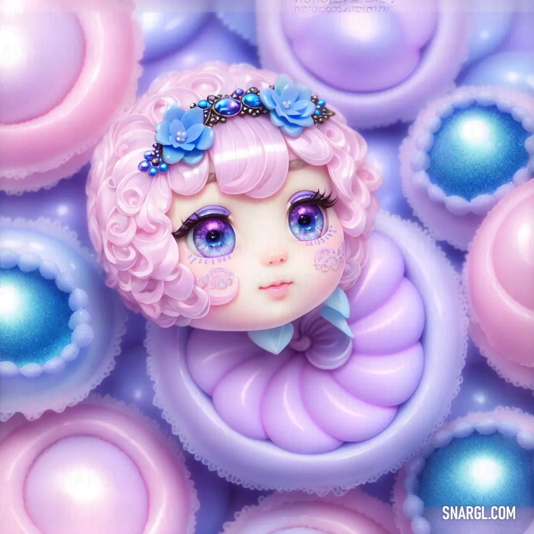 Doll with pink hair and blue eyes is surrounded by pink and blue bubbles