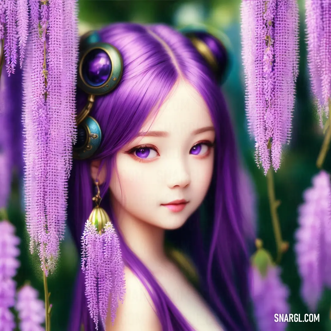 Girl with purple hair and purple flowers in her hair is looking at the camera with a smile on her face