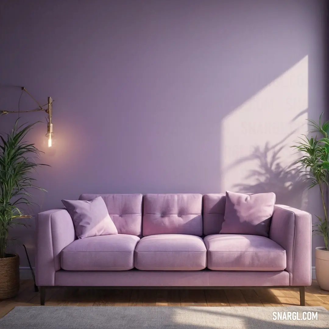 Medium lavender magenta color example: Living room with a purple couch and potted plants on the floor and a purple wall behind it