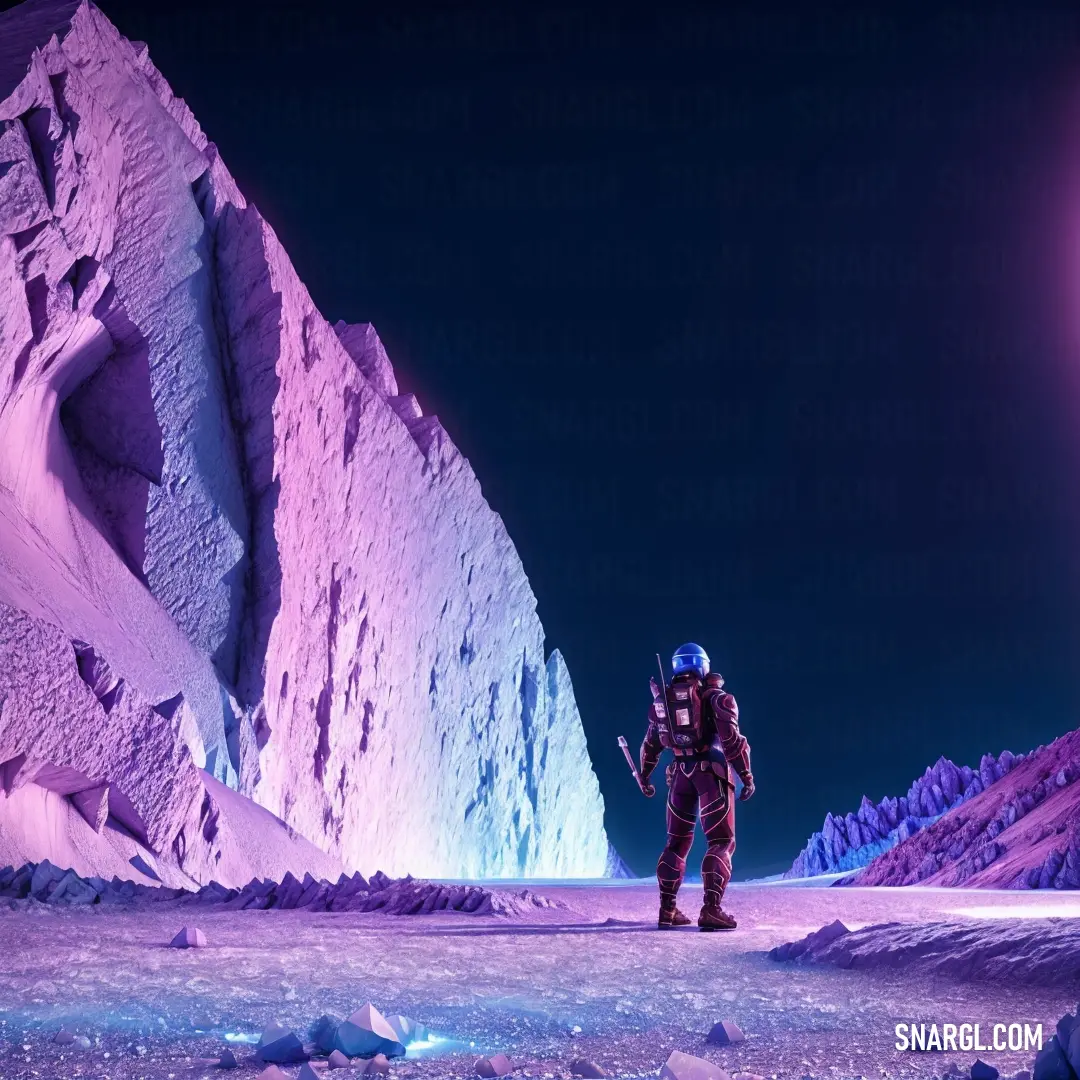 Man in a space suit standing in front of a mountain with a light on it's face