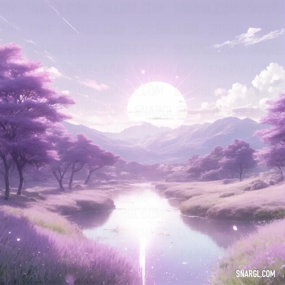 Painting of a river surrounded by trees and grass with a sun in the background. Example of Medium lavender magenta color.