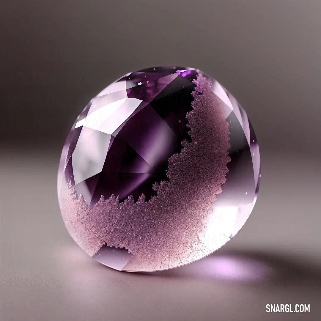 Purple diamond on top of a table next to a white wall and a gray floor with a shadow
