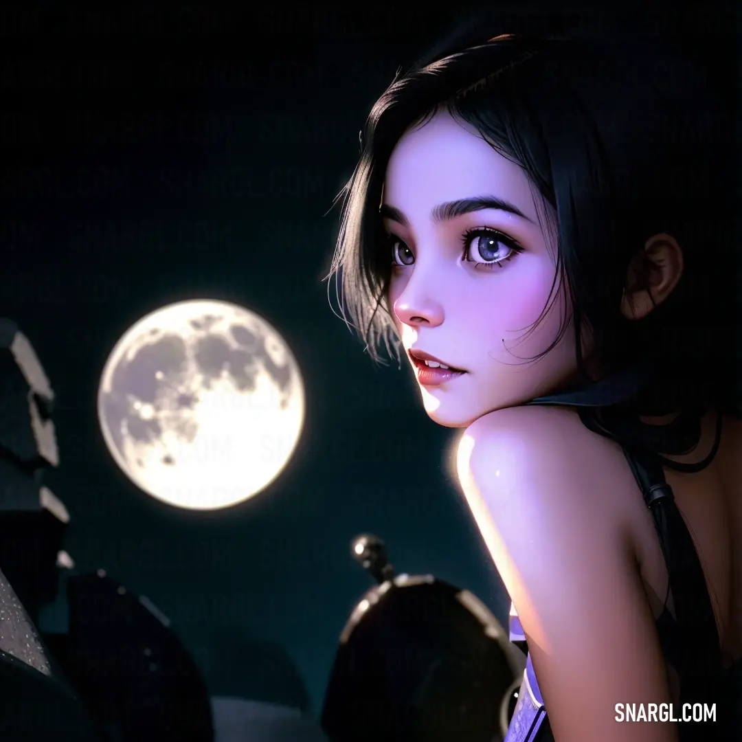 Woman is standing in front of a full moon and a clock tower with a clock on it's face