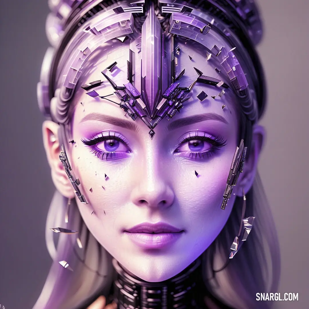 Woman with a futuristic headpiece and purple eyes looks at the camera with a strange look on her face