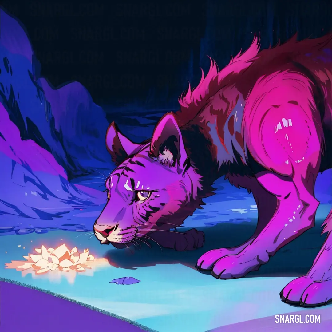 Cartoon of a wolf with a fire in its mouth and a mountain in the background