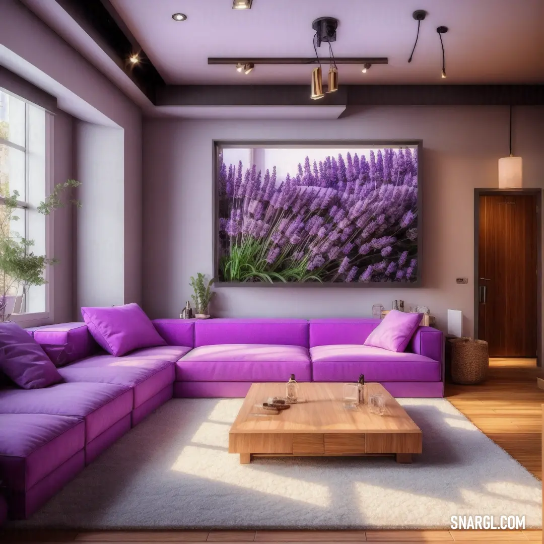 Living room with a purple couch and a coffee table in front of a painting on the wall. Example of #BA55D3 color.