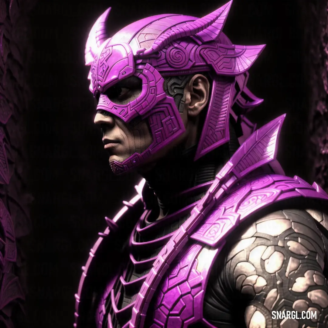 Man in a purple costume with horns and a helmet on his head and shoulders