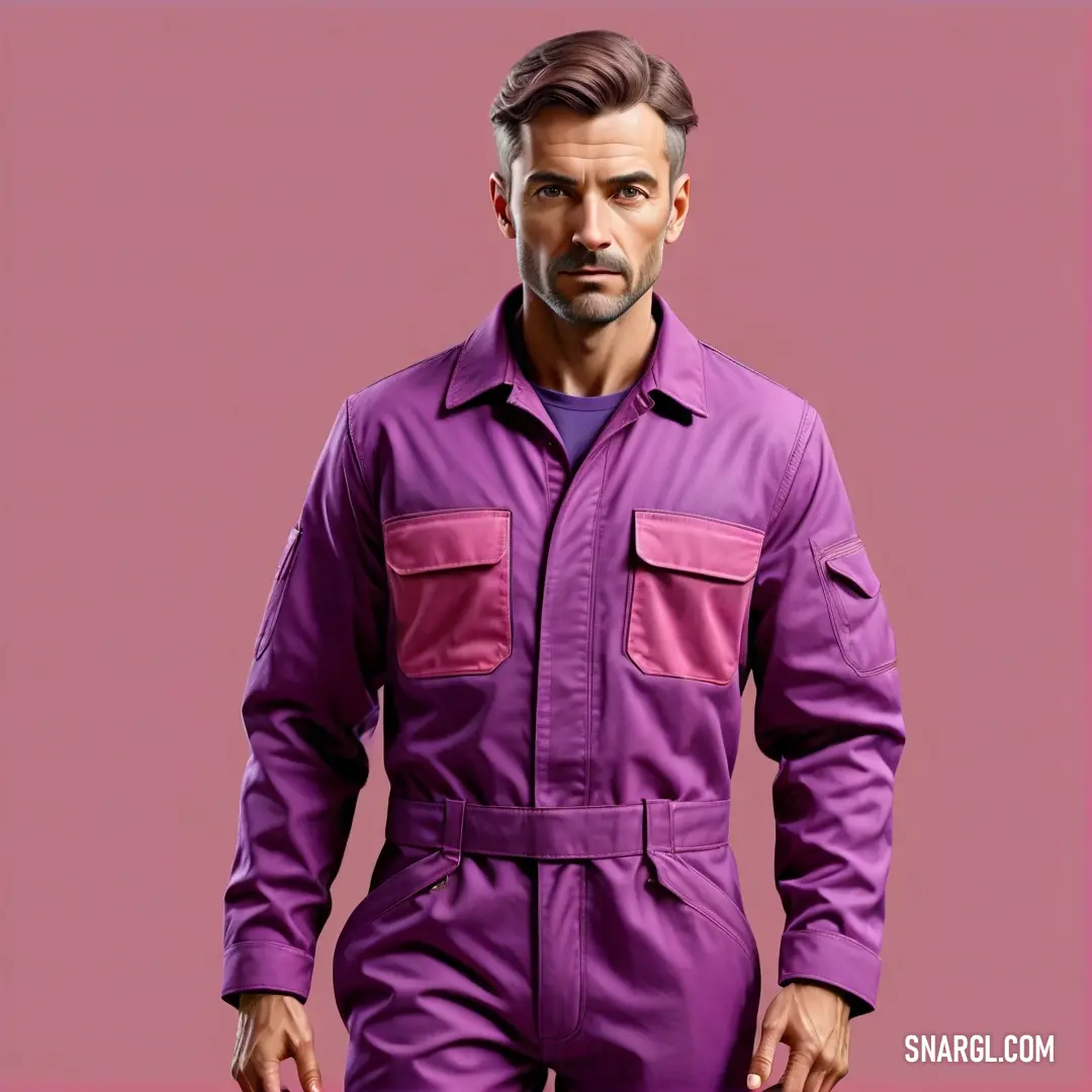 Man in a purple uniform is standing in front of a pink background. Example of #BA55D3 color.