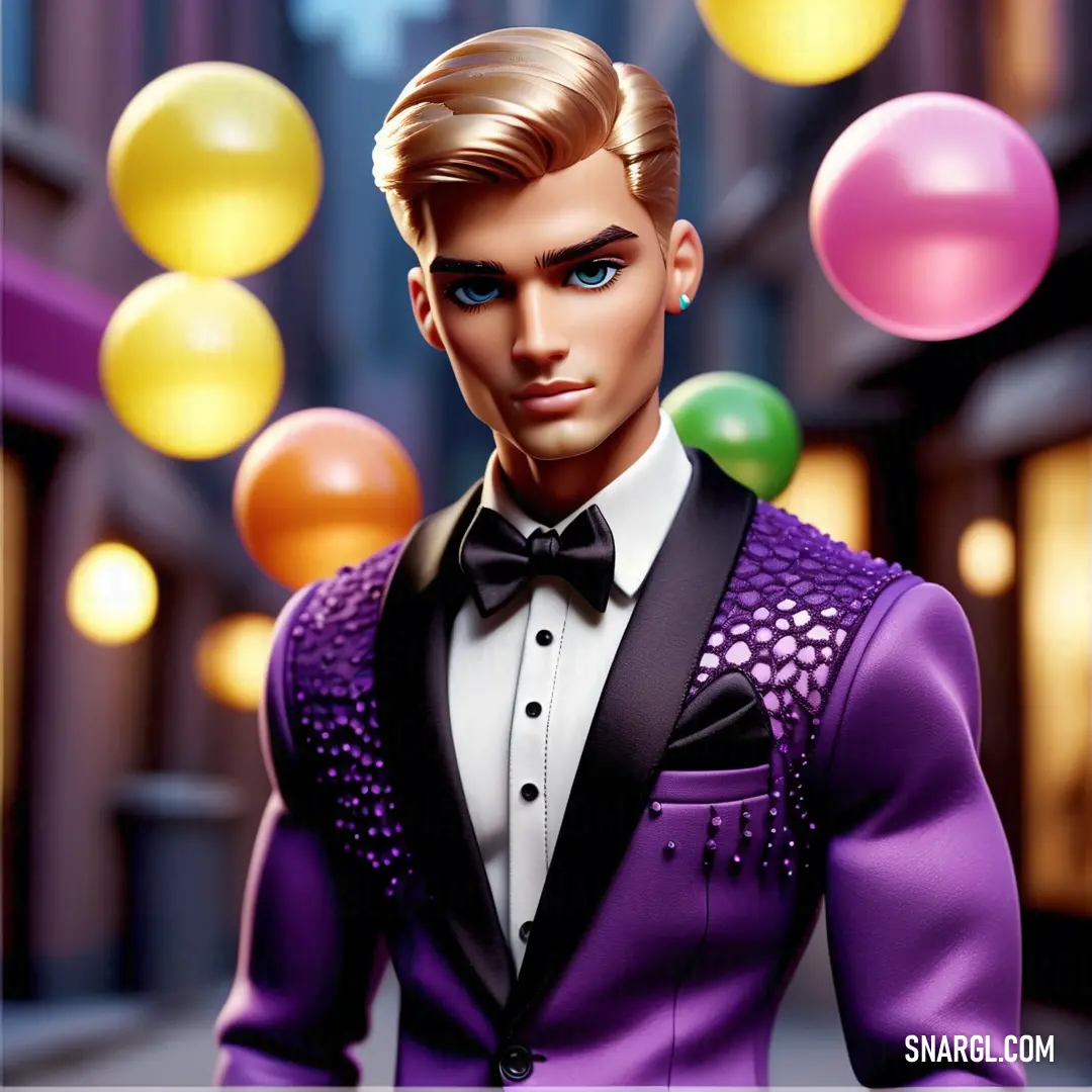Man in a tuxedo and bow tie with balloons in the background. Color CMYK 12,60,0,17.