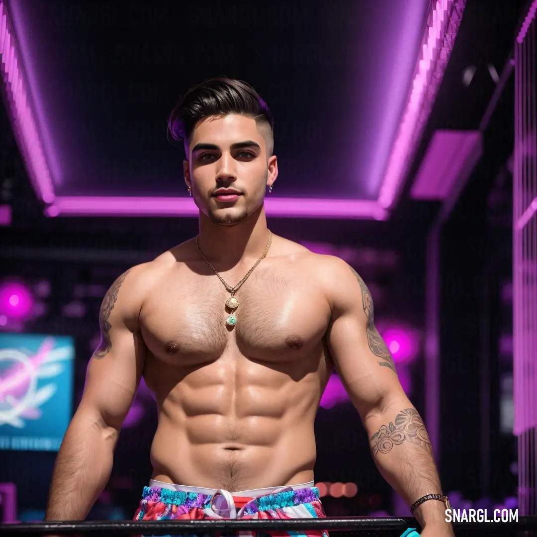 Man with a shirtless torso and no shirt on standing in a room with purple lighting