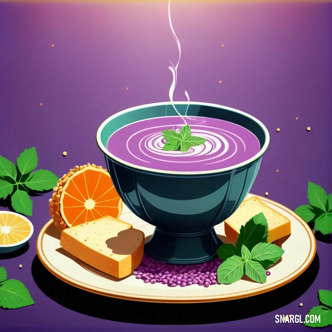 Medium orchid color. Bowl of soup with bread and orange slices on a plate with leaves and a purple background