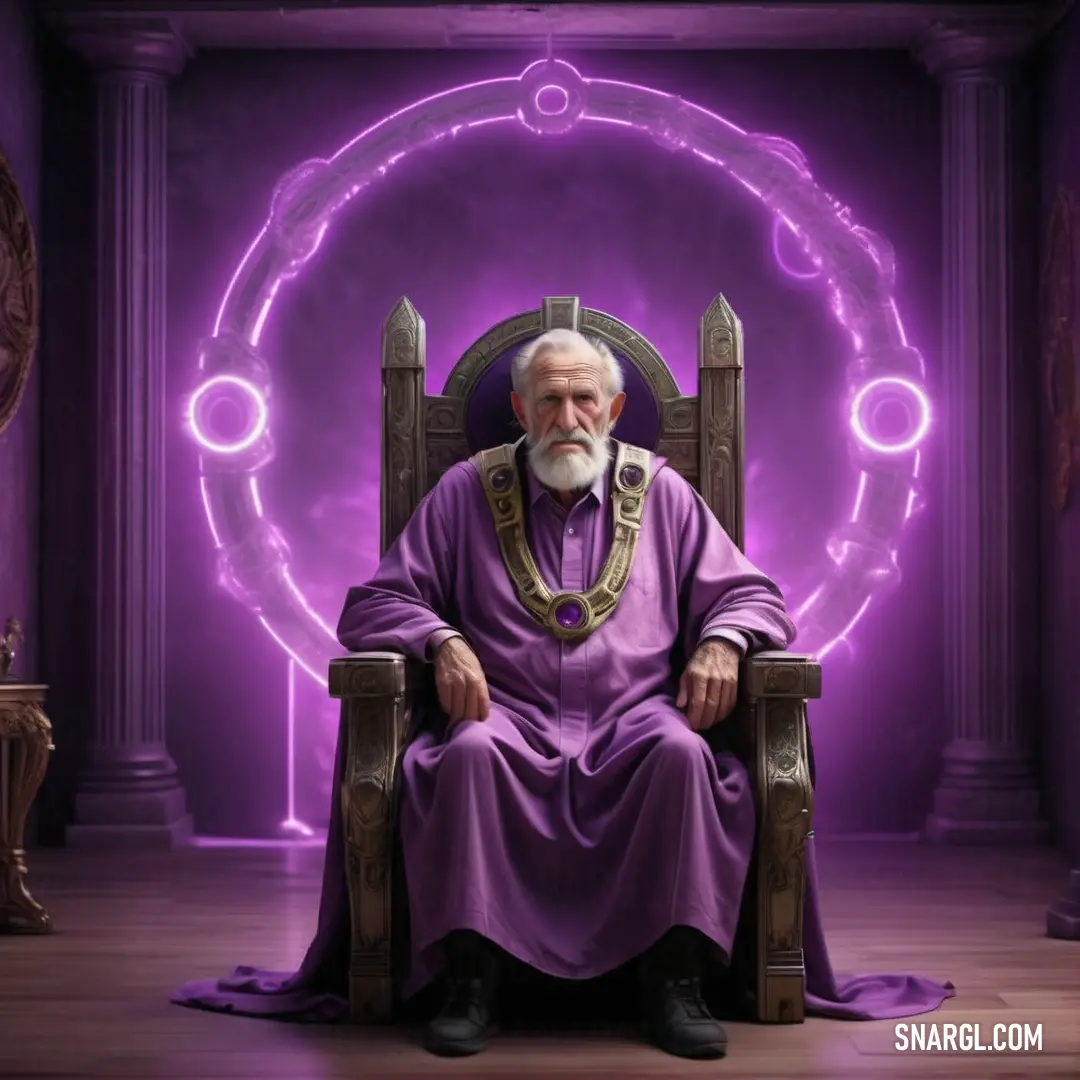 Man on a throne in a room with a purple light behind him. Color CMYK 12,60,0,17.