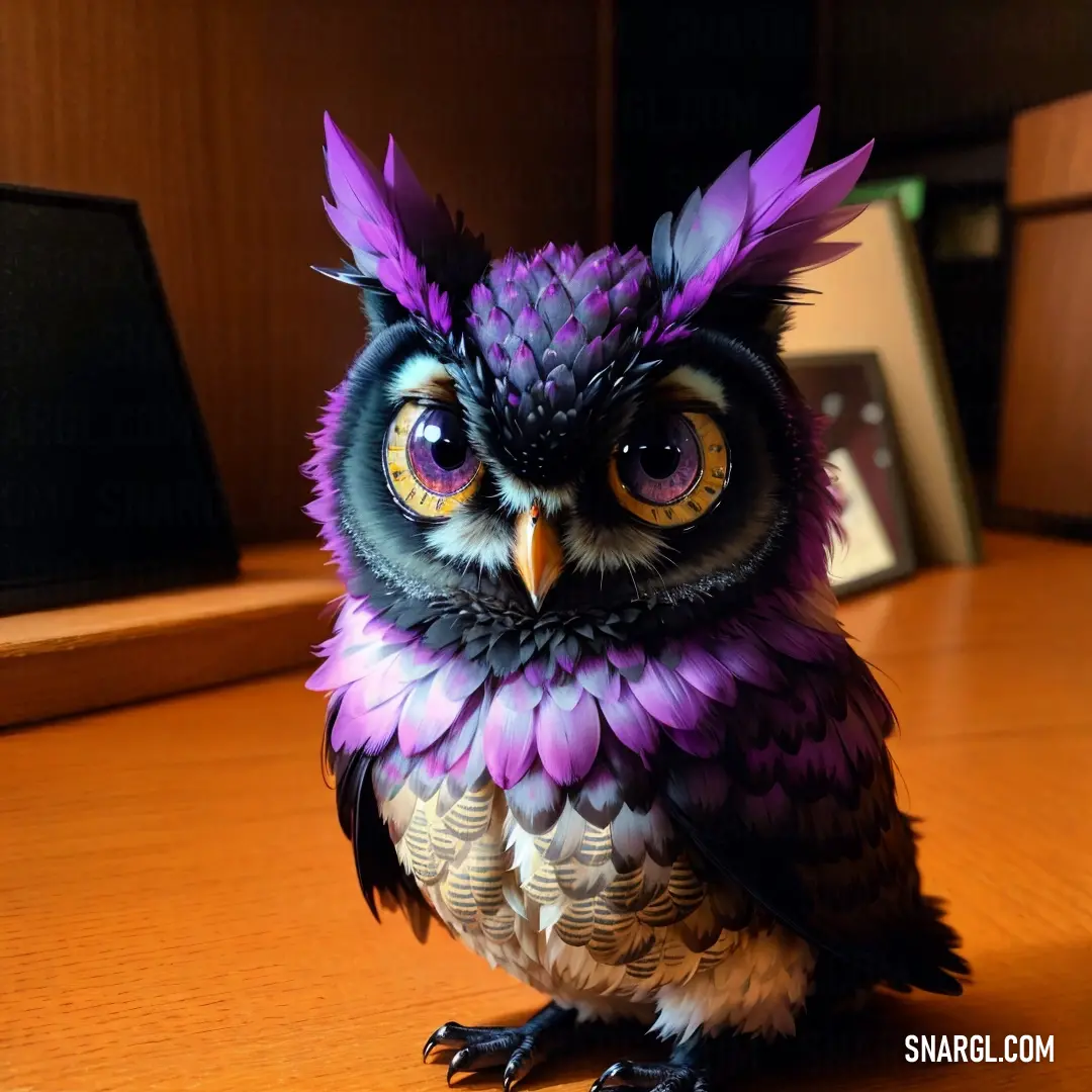 Purple and black owl on a wooden table next to a clock and a wooden shelf