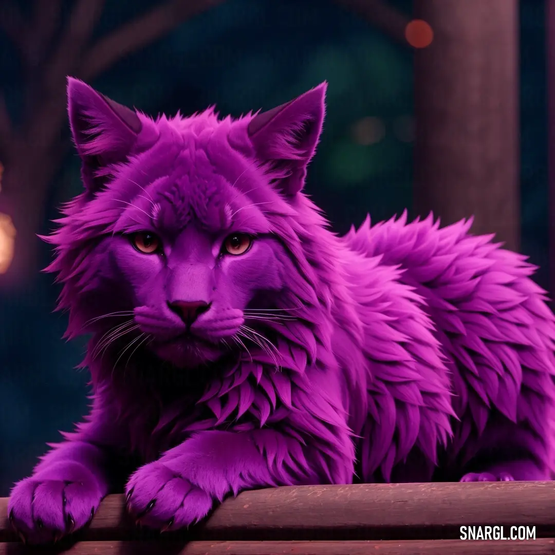 Purple cat on top of a wooden table next to a tree trunk and a street light in the background