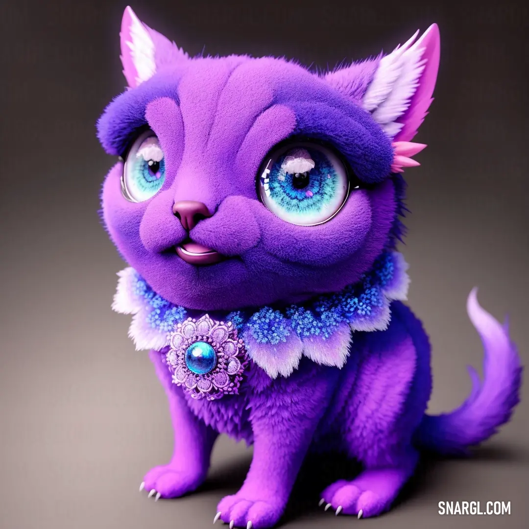 Purple cat with blue eyes and a collar around its neck is down and looking at the camera. Example of Medium orchid color.