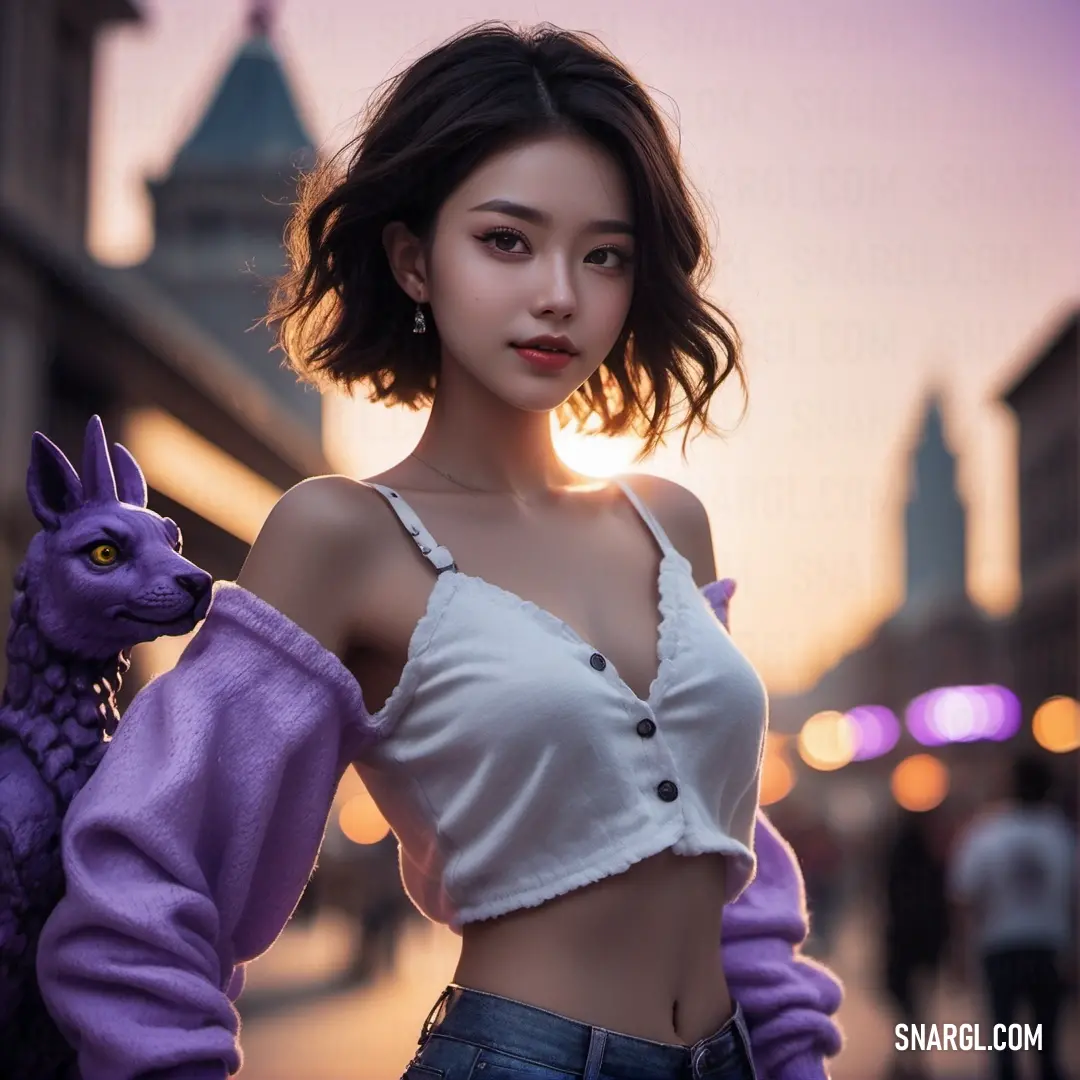Woman in a crop top and jeans holding a purple dragon statue in the city at sunset or dawn. Example of Medium orchid color.