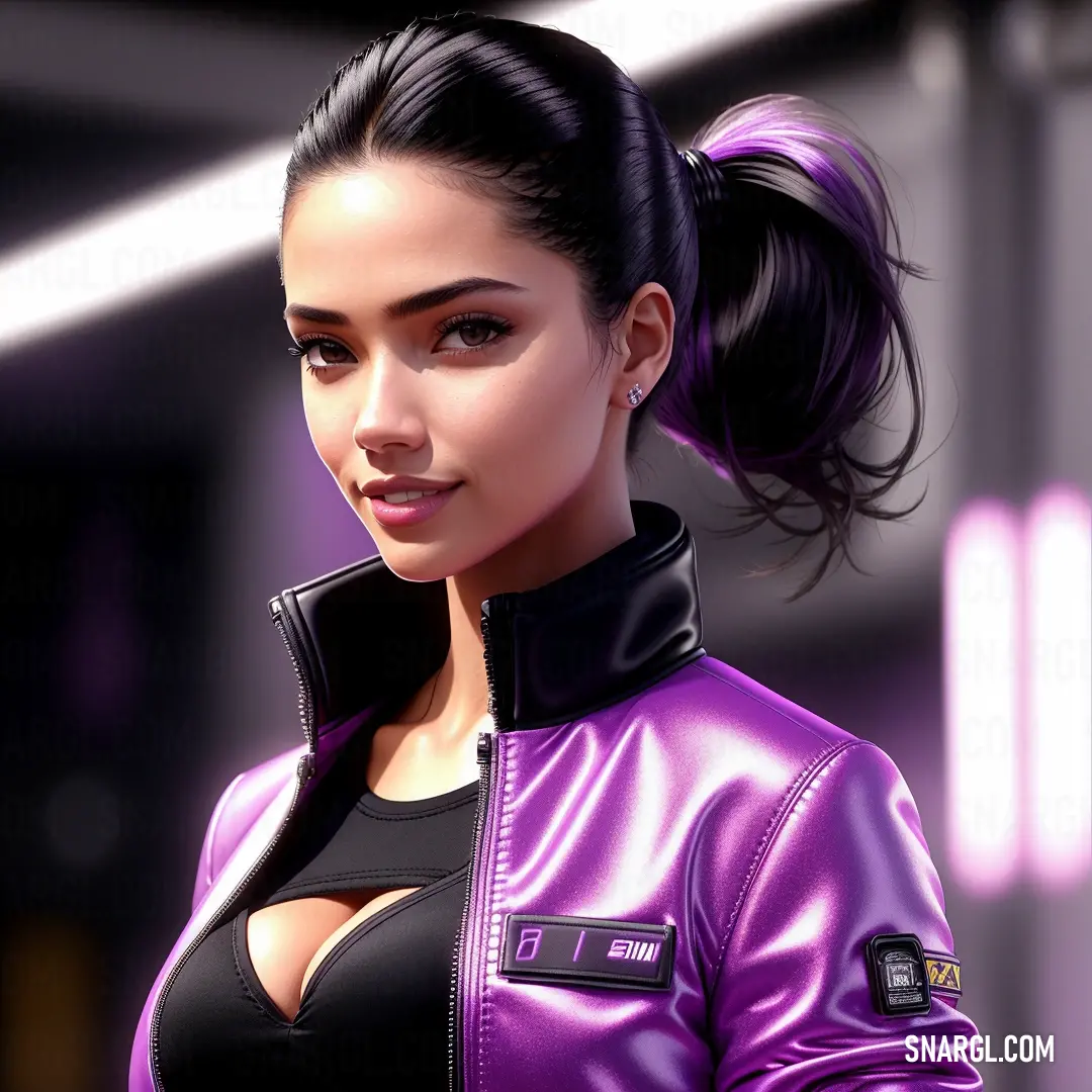 Medium orchid color. Woman in a purple leather jacket and black top with a ponytail in her hair