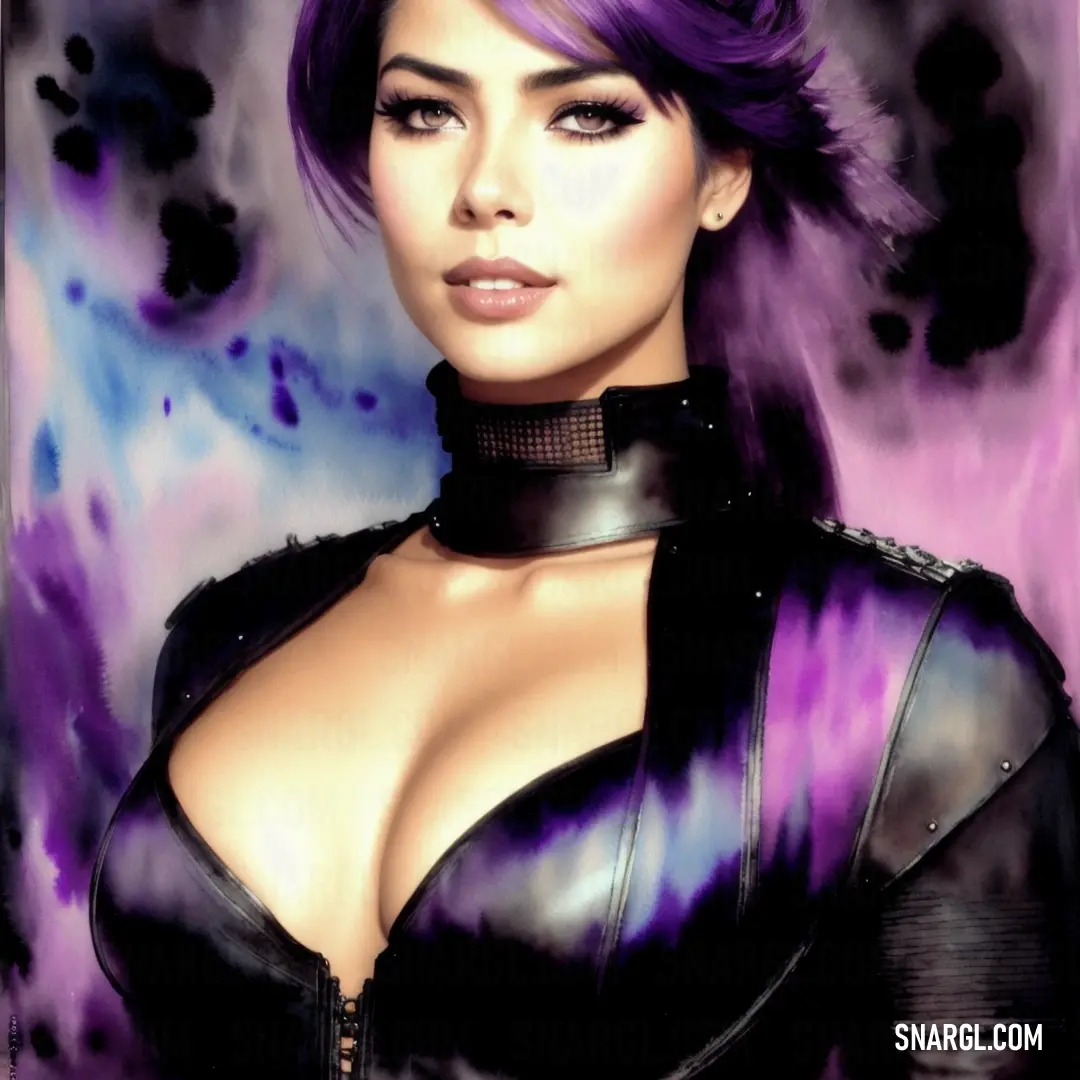 Woman with purple hair and a leather outfit with a choker on her neck and chest