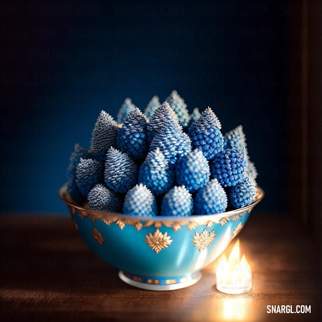 Blue bowl filled with blue and white balls on a table next to a candle