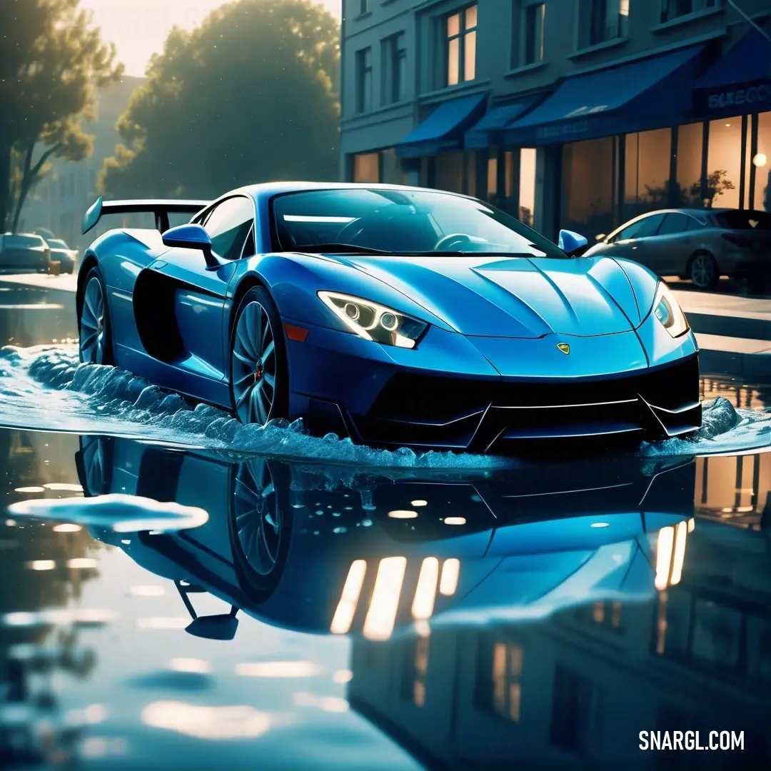 Blue sports car driving through a puddle of water in front of a building. Color Medium Persian blue.