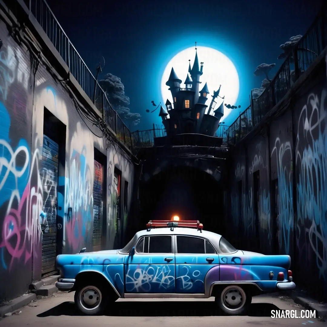 Car parked in a tunnel with graffiti on it's walls and a castle in the background. Example of #0067A5 color.