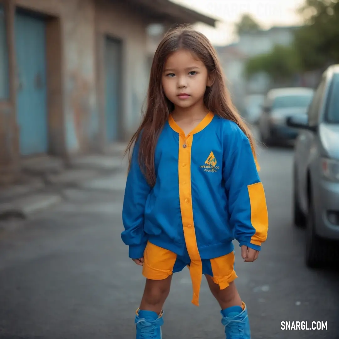 Little girl standing on a street next to a car and a building with a yellow ribbon around her neck. Color Medium Persian blue.