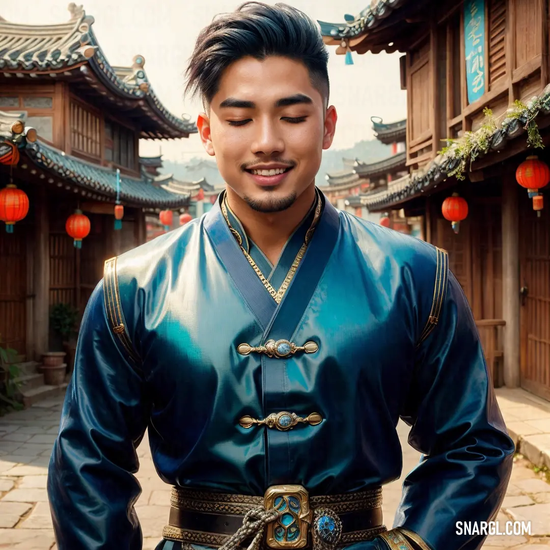 Man in a blue outfit standing in front of a building with lanterns on it's sides and a sky background