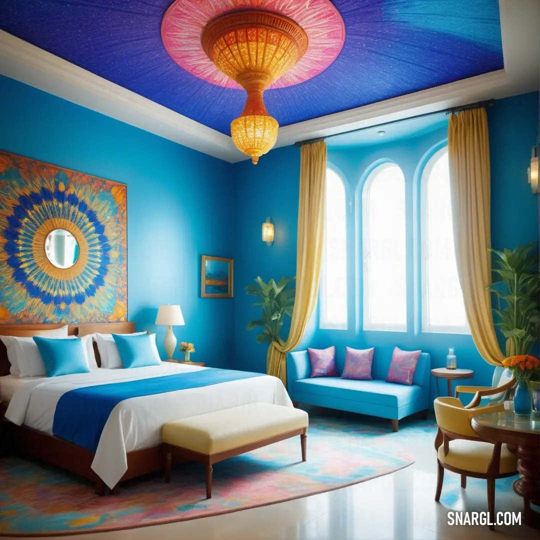 Bedroom with a blue ceiling and a large bed in it's center area with a colorful painting on the wall. Example of Medium Persian blue color.