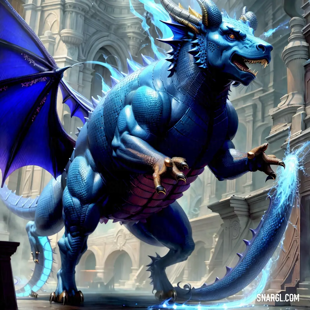 Blue dragon with a large body of water on its back and wings. Color Medium Persian blue.