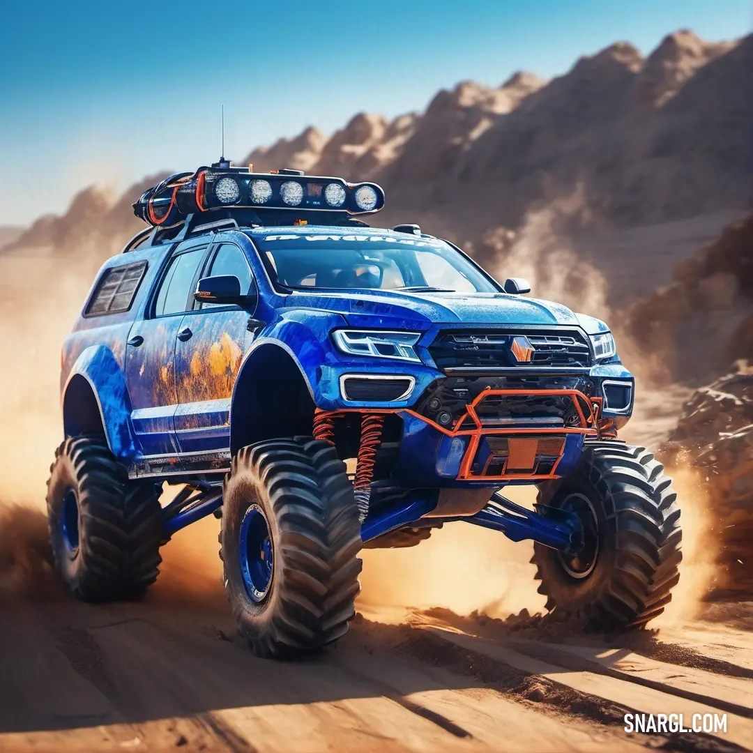 Medium Persian blue color example: Blue truck driving through a desert filled with dirt and rocks with a light on top of it's head