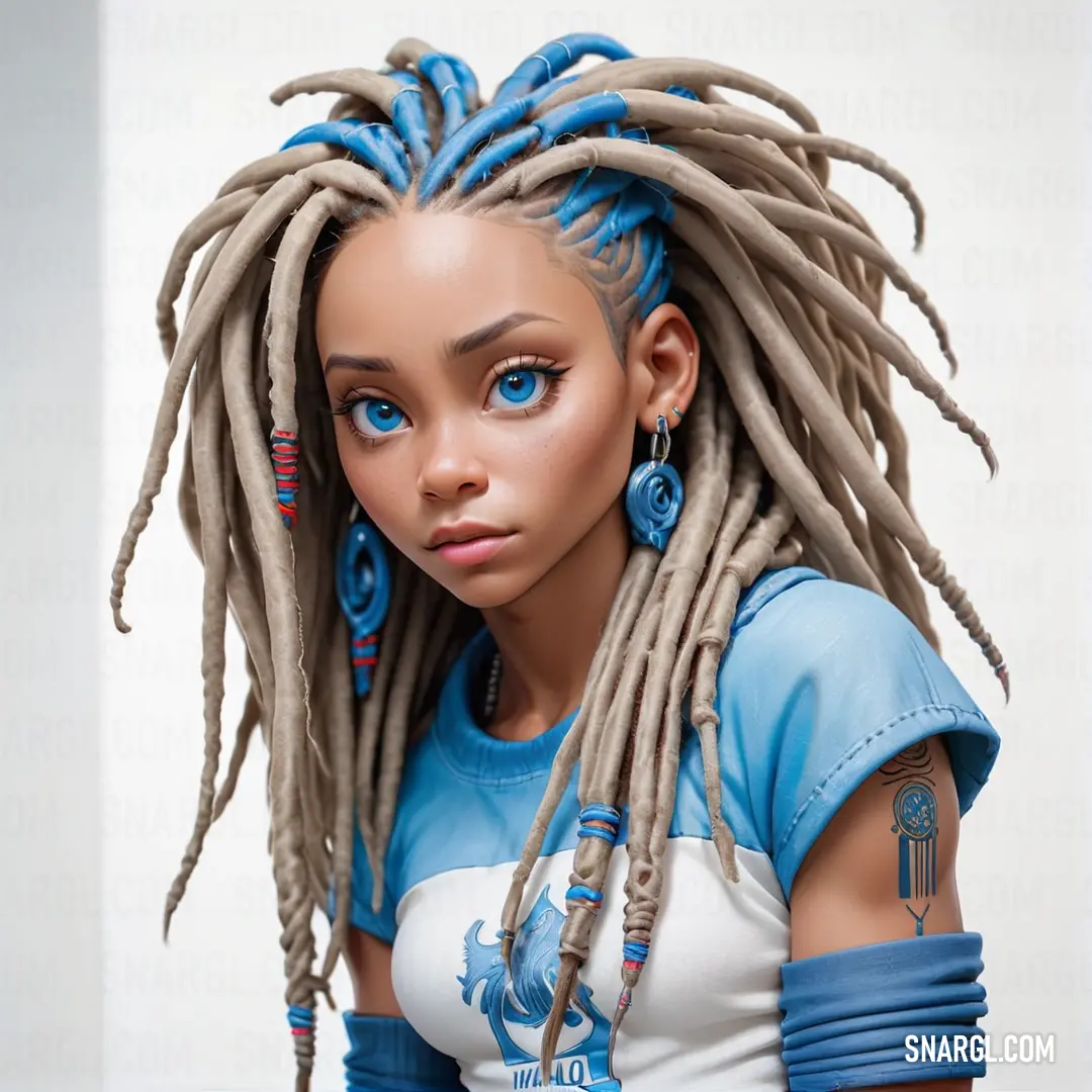 Medium Persian blue color example: Doll with dreadlocks and blue eyes is posed for a picture in a white background
