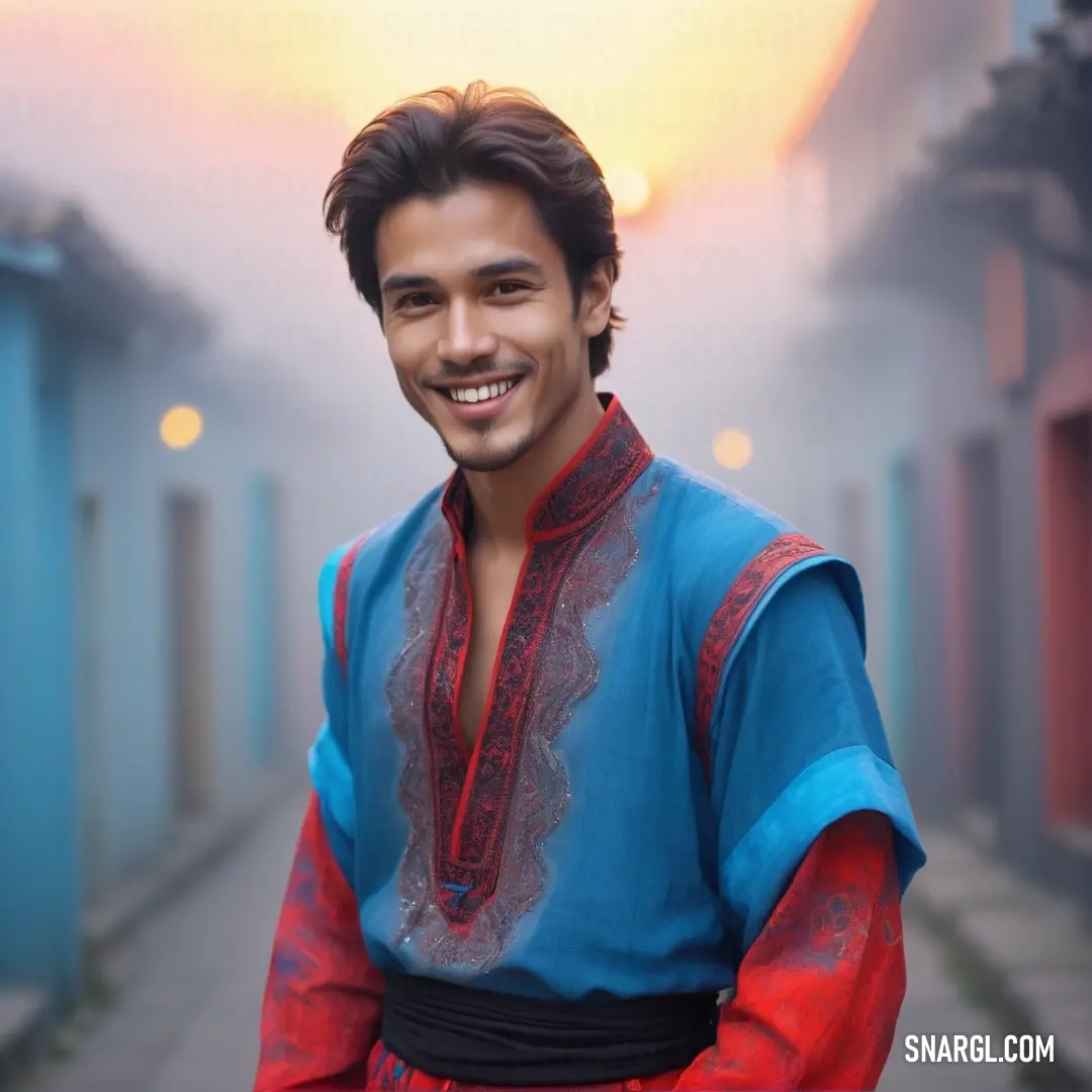 Medium Persian blue color. Man in a blue and red outfit smiles at the camera while standing in front of a row of blue buildings