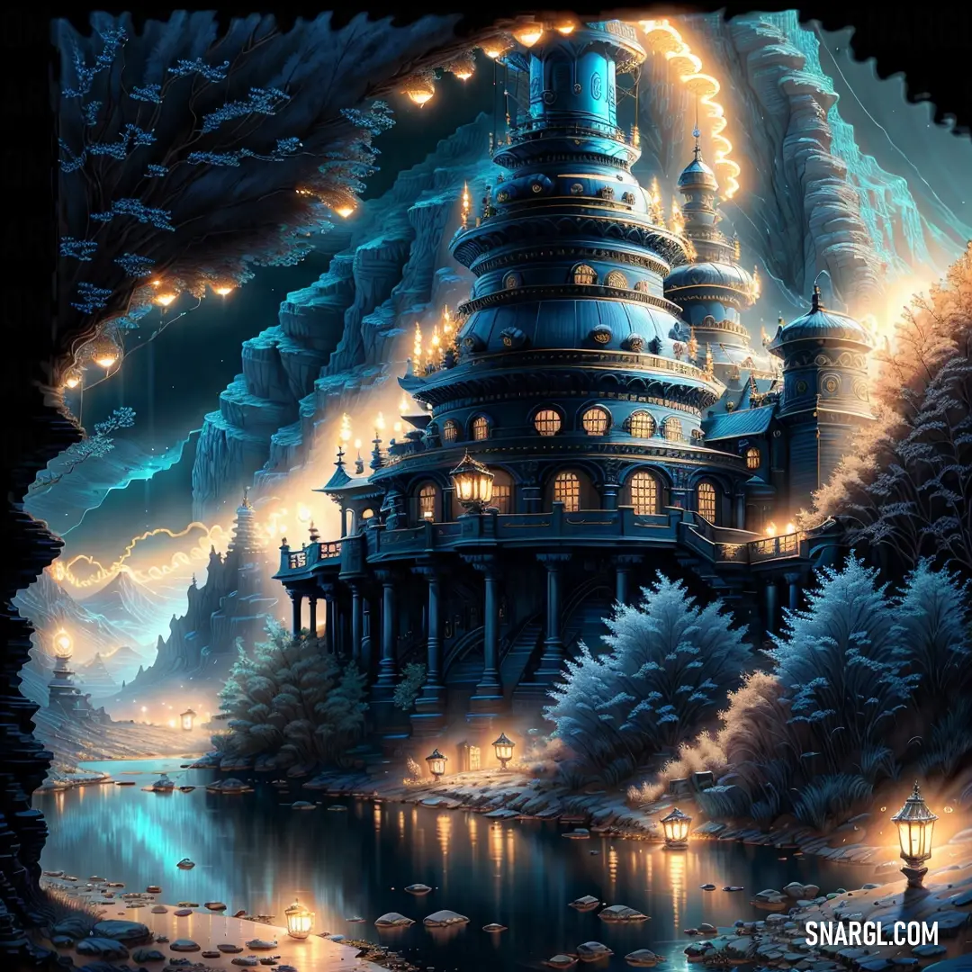 Painting of a castle with a lake and trees in front of it at night time with lights on