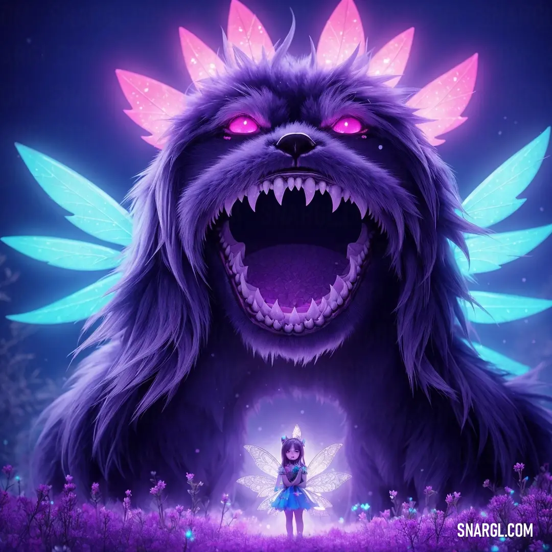 Cartoon character with a big mouth and big teeth in a field of flowers with a purple background